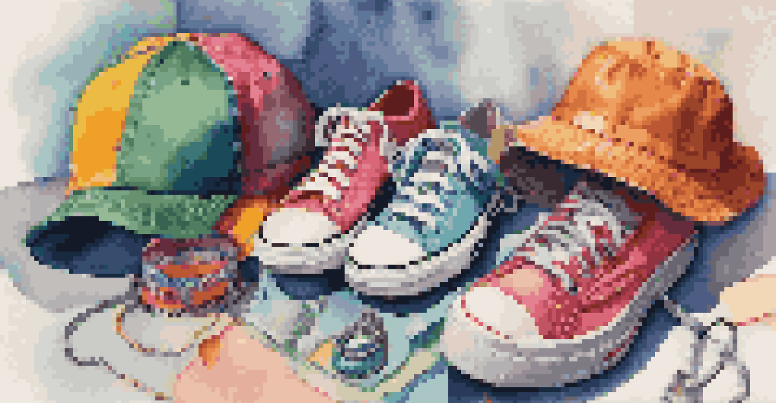 A close-up of vibrant 90s accessories like chokers and bucket hats arranged artistically on a textured surface, showcasing bold colors and playful designs.