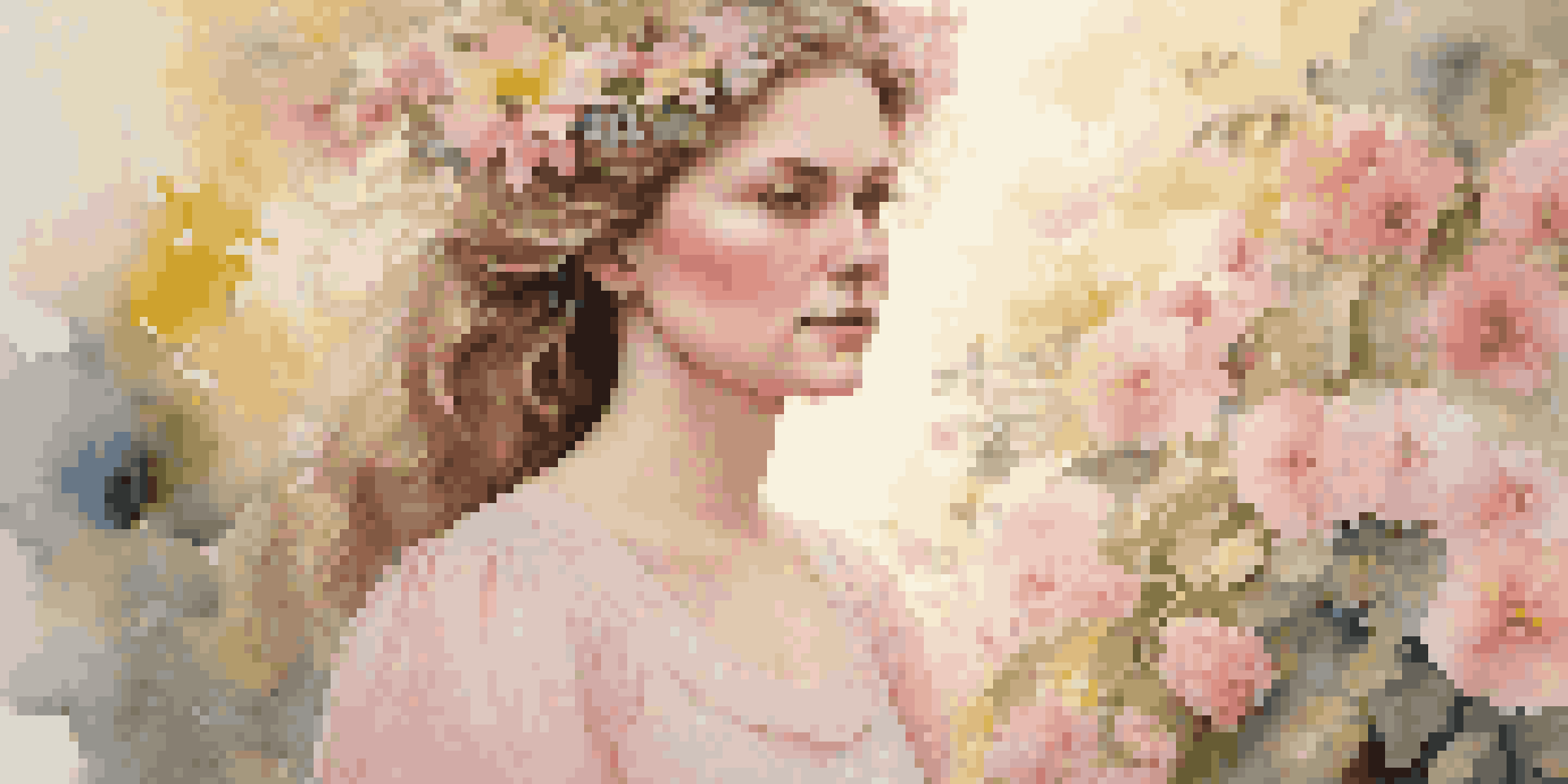 A young woman in a pastel dress with soft waves in her hair, decorated with flowers, standing in a vibrant spring garden filled with blooming flowers and sunlight.