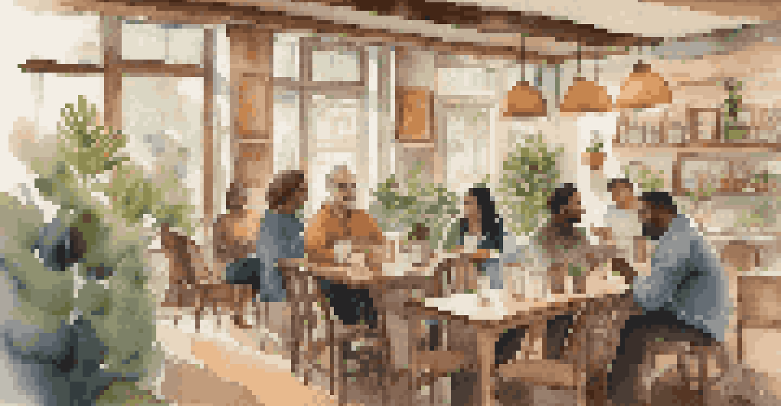 A community gathering in a cozy coffee shop with people discussing and networking in a warm ambiance.