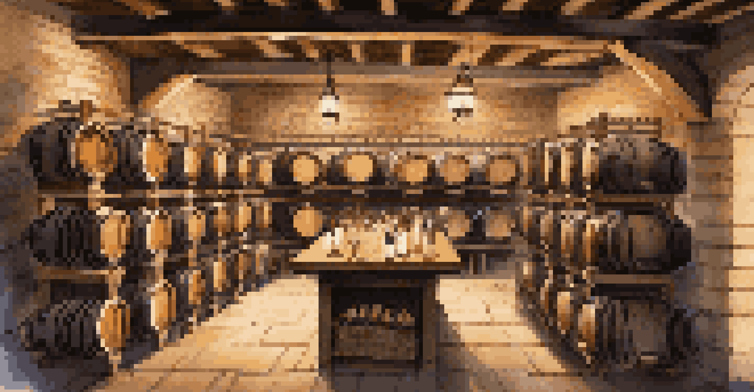 A tranquil wine cellar with rows of wine bottles and a small tasting area.