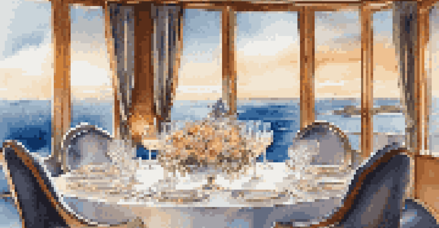 An exquisite dining table set on a luxury cruise, with fine china and ocean views through large windows.