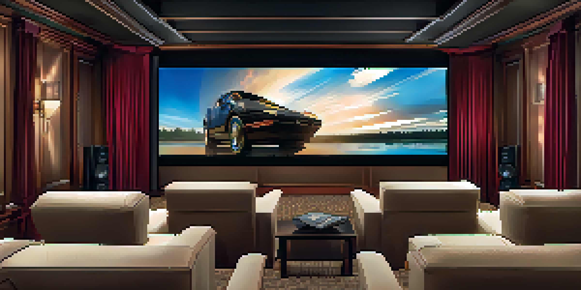 An elegant home theater with tiered seating, a large projector screen, and ambient lighting, designed for an immersive viewing experience.