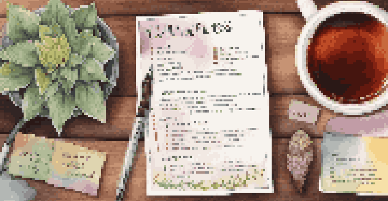 A personalized wellness plan on a wooden table with notes and a cup of herbal tea beside it.
