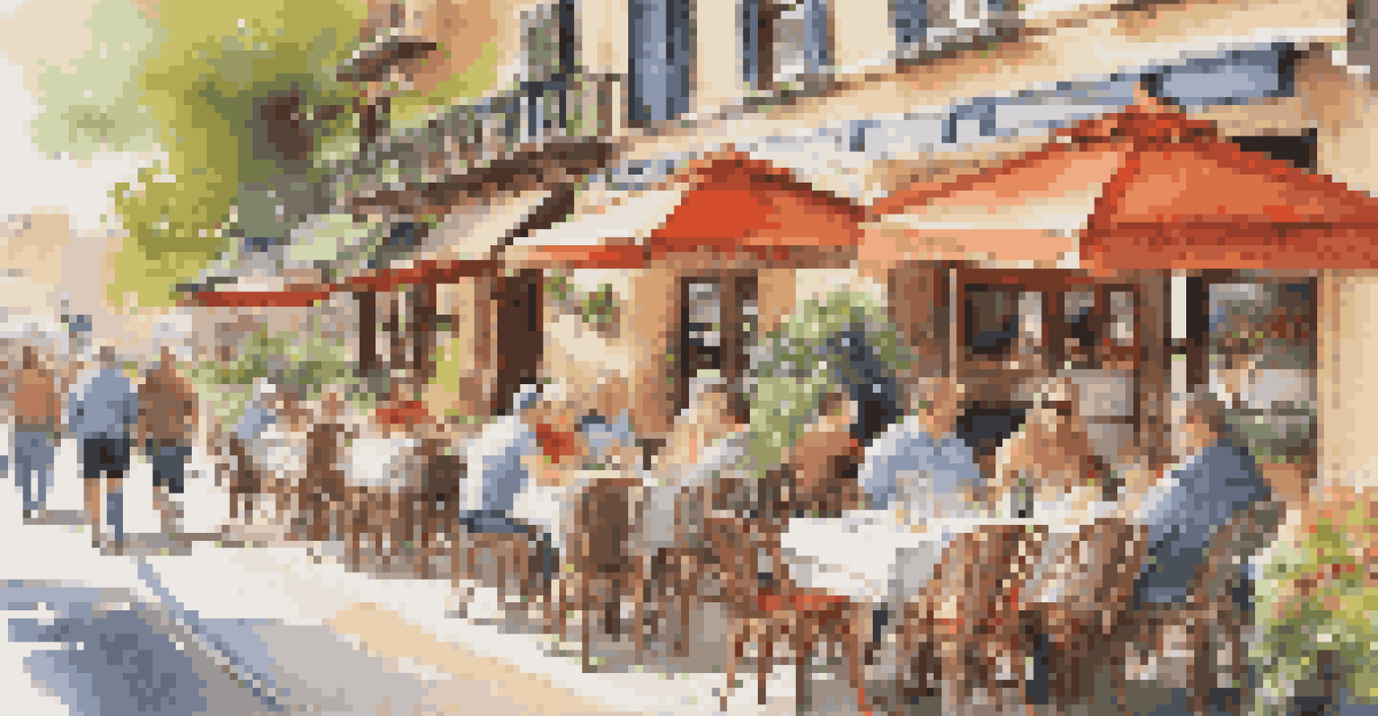 A lively local bistro with diners enjoying regional cuisine, featuring warm decor and a charming outdoor seating area filled with flowers.