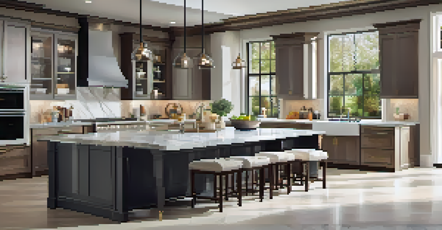 A bright and elegant kitchen with high-end appliances, marble countertops, and a large window.