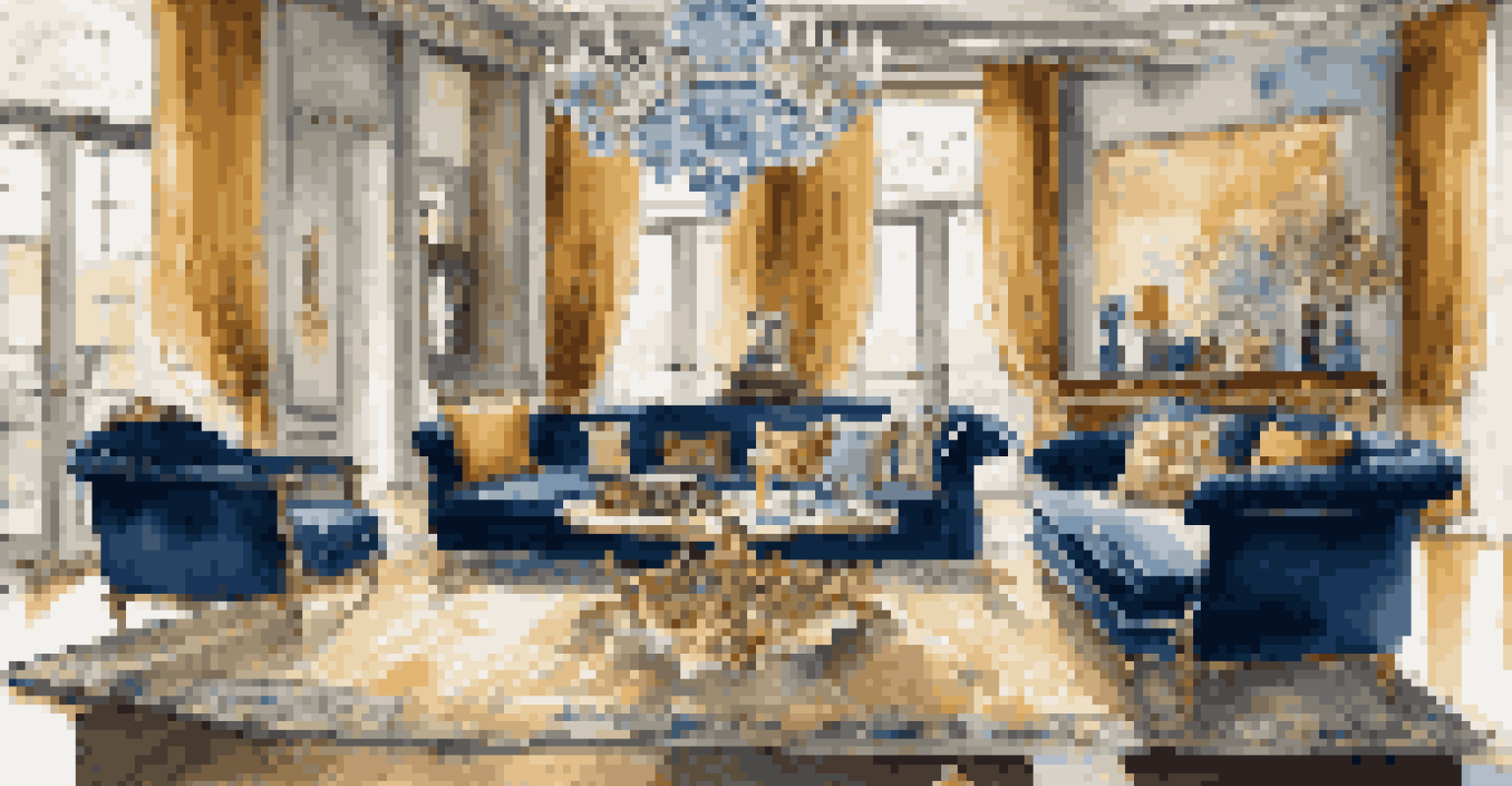 A luxurious living room with elegant furnishings, a chandelier, and stylish decor, illuminated by natural light.