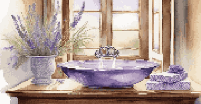 A luxurious bathroom with a handmade soap bar on a wooden dish and lavender sprigs, illuminated by soft natural light.