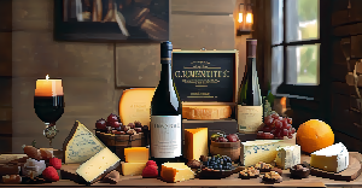 A gourmet food subscription box filled with cheeses, chocolates, and wine on a rustic table.