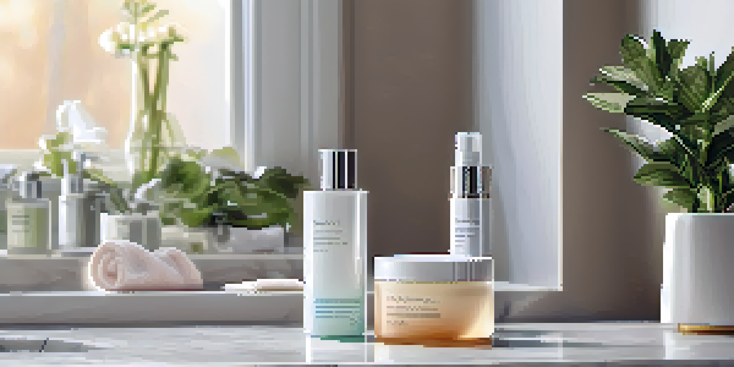 A bright bathroom vanity displaying various skincare products with natural light coming through a window.