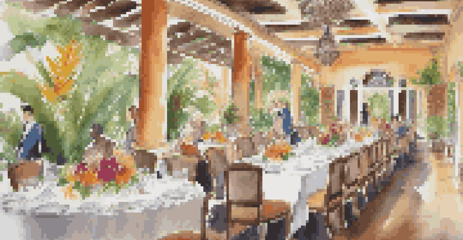 A lavish dining table with gourmet food and volunteers painting a school in the background.