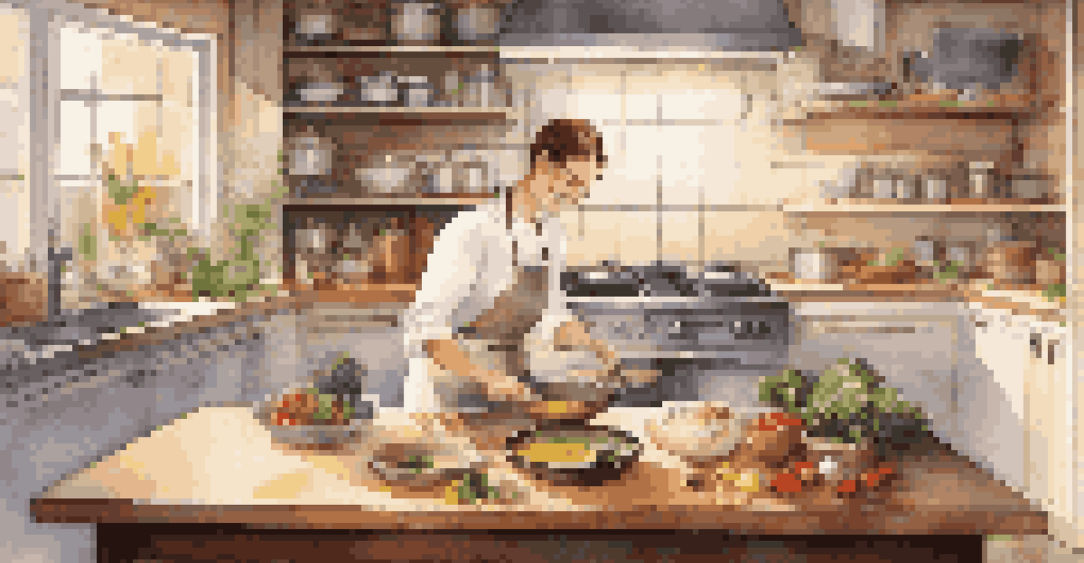 A chef conducting a virtual cooking class in a modern kitchen, with fresh ingredients displayed.
