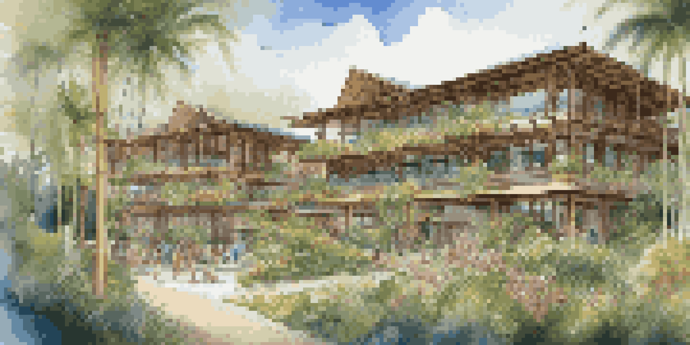 A stunning eco-friendly resort surrounded by lush greenery, with guests participating in a community gardening project.