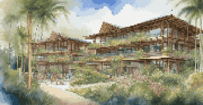A stunning eco-friendly resort surrounded by lush greenery, with guests participating in a community gardening project.