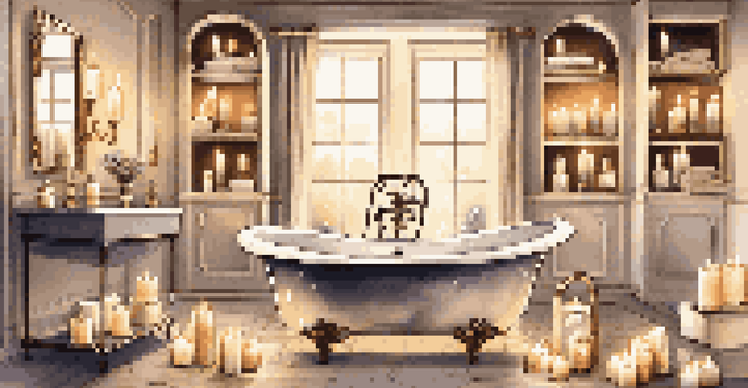 A luxurious bathroom with a clawfoot tub filled with bubbles, surrounded by candles and high-end bath products on a shelf.
