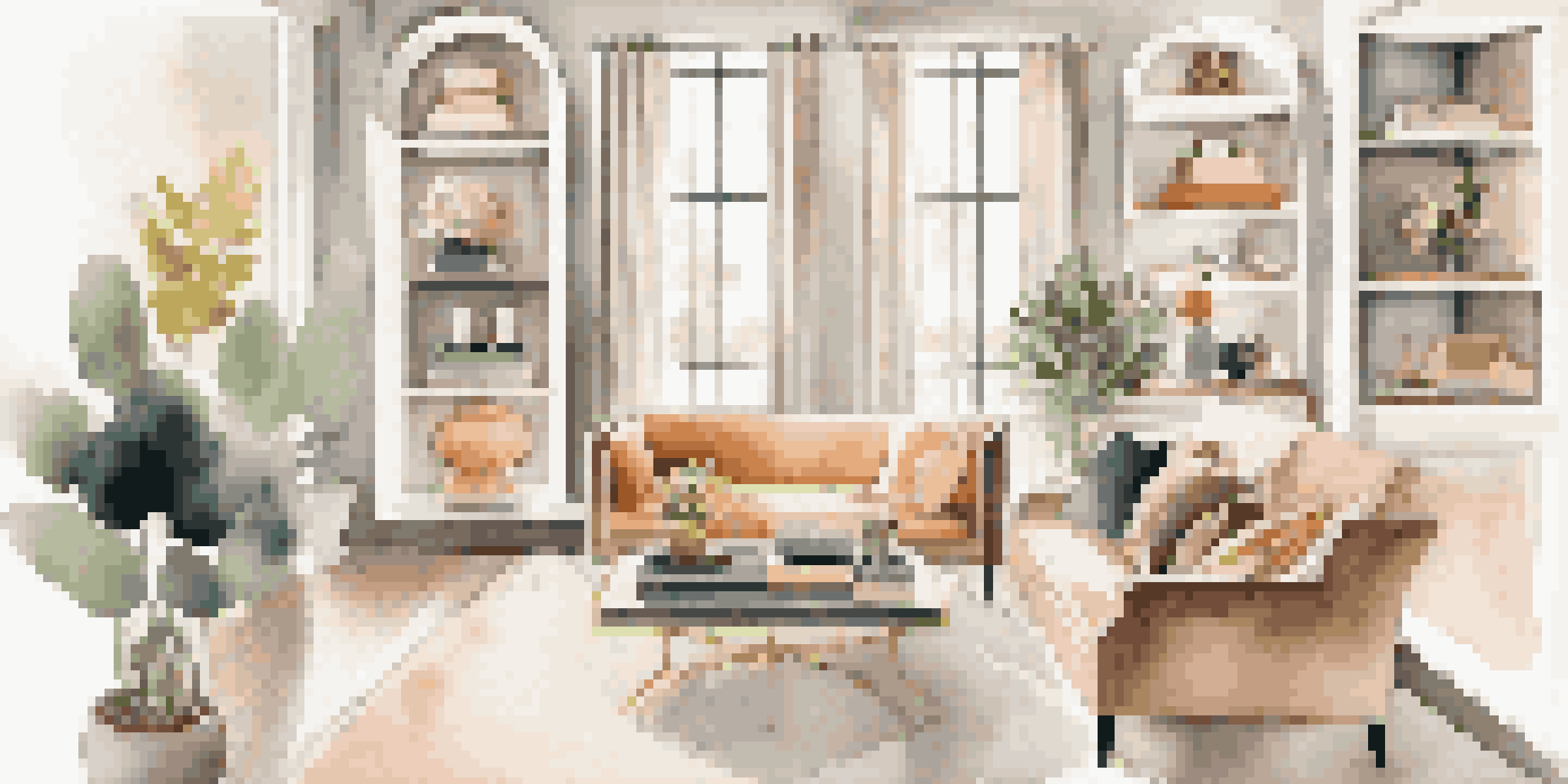 A bright living room with a subscription box open on a sofa, displaying luxury fashion items like a dress, accessories, and shoes.