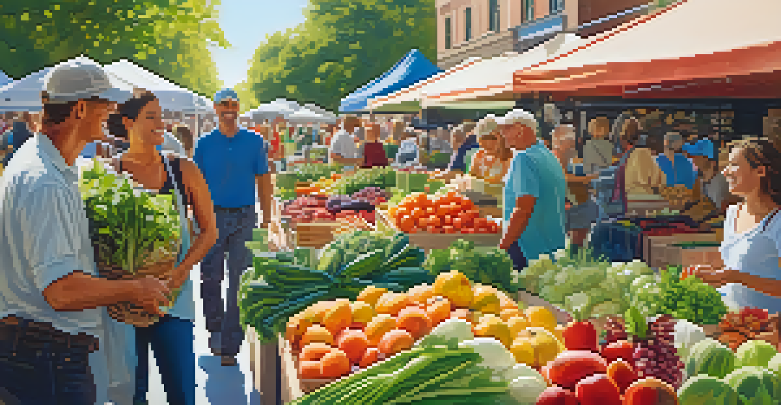 A lively farmers' market filled with colorful fruits, vegetables, and herbs, with shoppers interacting with vendors.