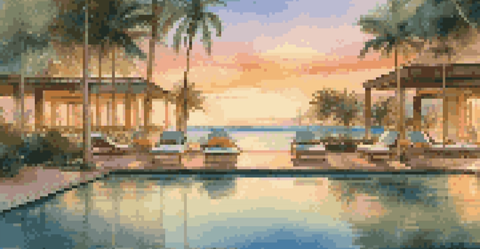 A luxury resort with an infinity pool at sunset, surrounded by tropical greenery.