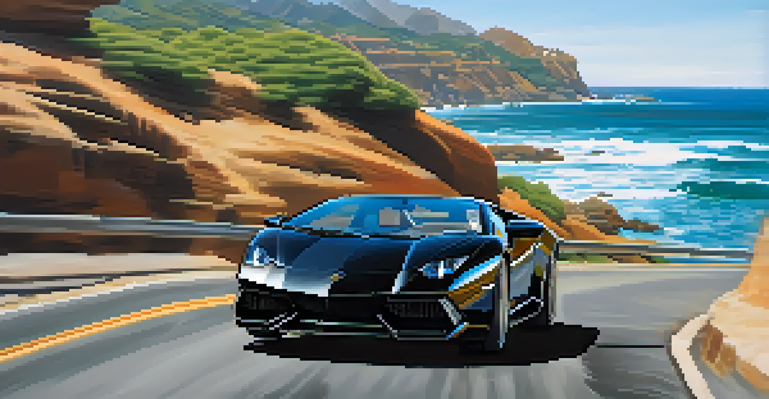 A black Lamborghini driving fast on a coastal road with crashing waves and a clear blue sky.
