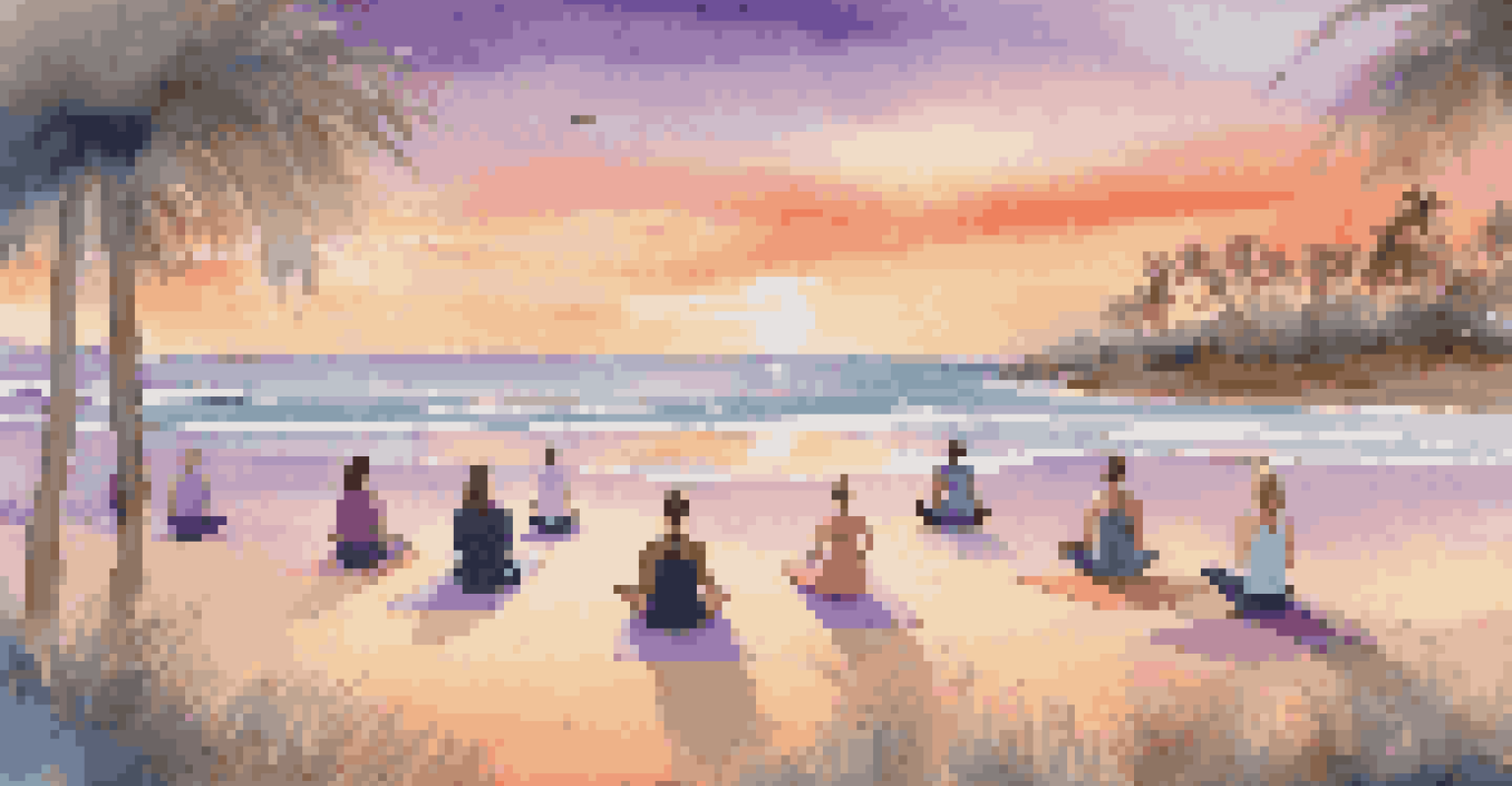 Participants practicing yoga on a beach at sunset, surrounded by palm trees and ocean waves, creating a serene atmosphere.