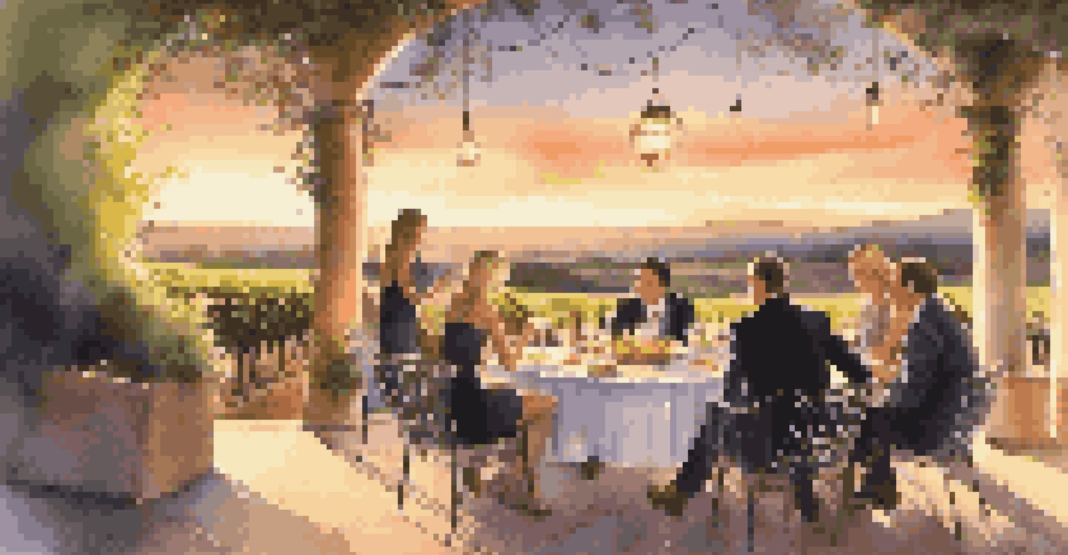 An outdoor terrace with a group of people enjoying fine wine and discussing success stories, set against a vineyard backdrop at sunset.