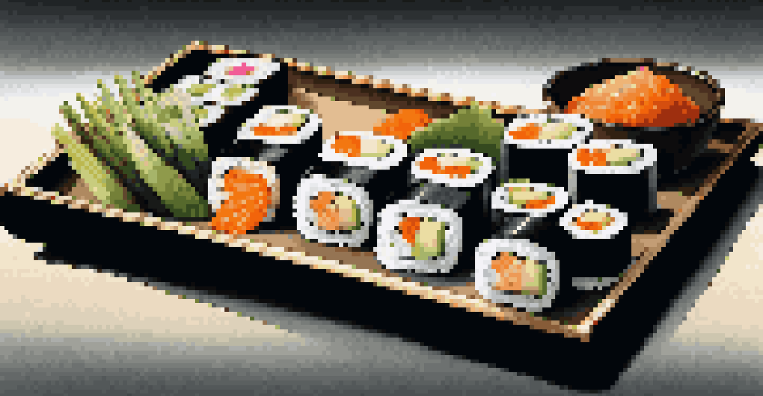 A minimalistic Japanese dish with delicately arranged sushi rolls on a dark slate plate, enhanced by natural light and bamboo in the background.