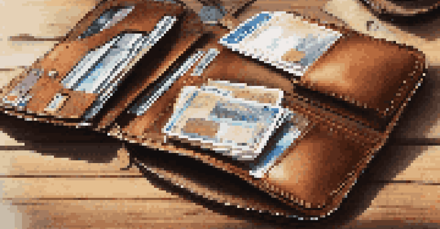 An open travel wallet on a wooden table, showing organized passports and cards, with a travel-themed backdrop.