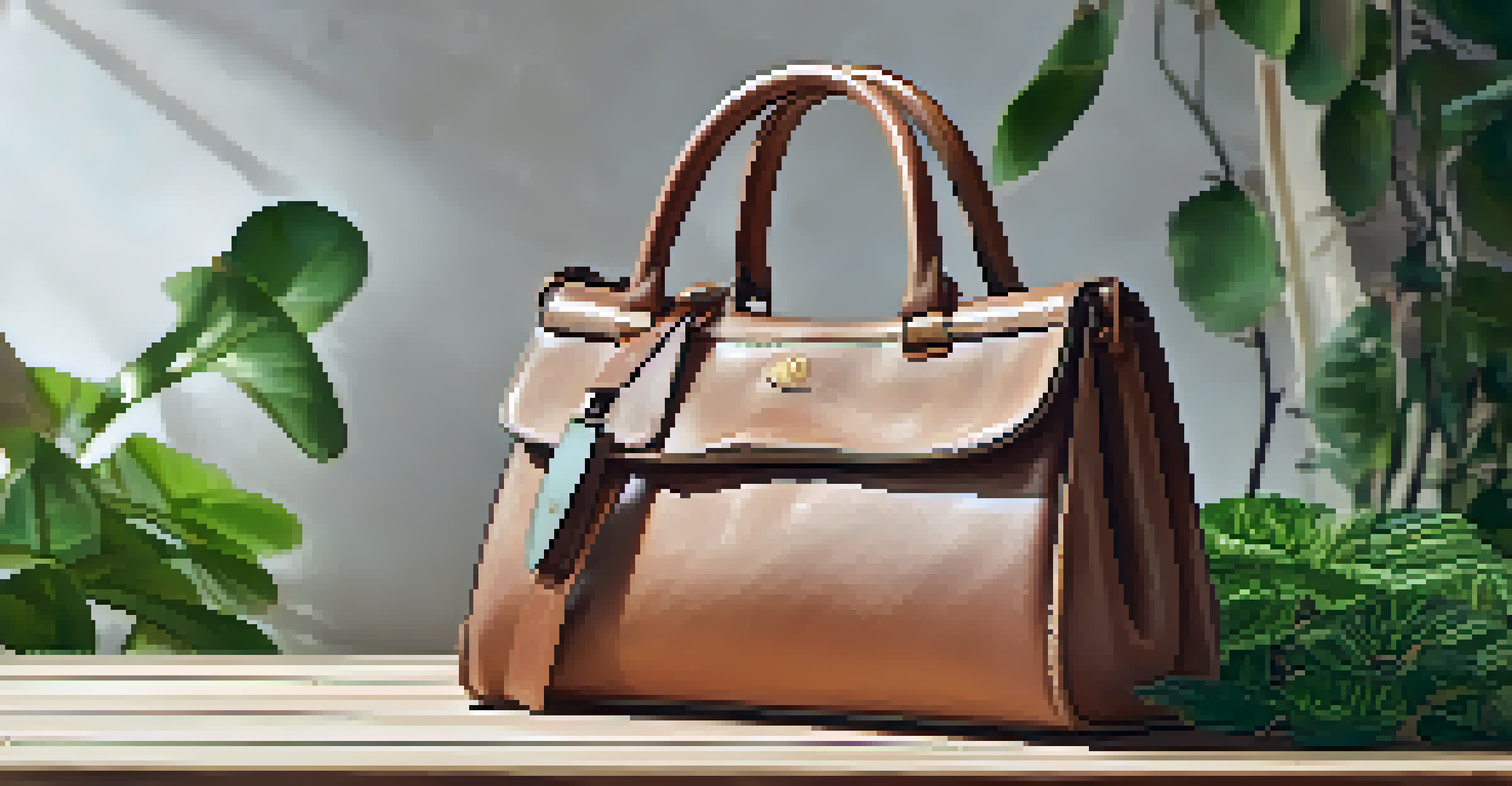 A close-up of a luxury handbag made from ethically sourced materials, displayed on a wooden table with greenery in the background.