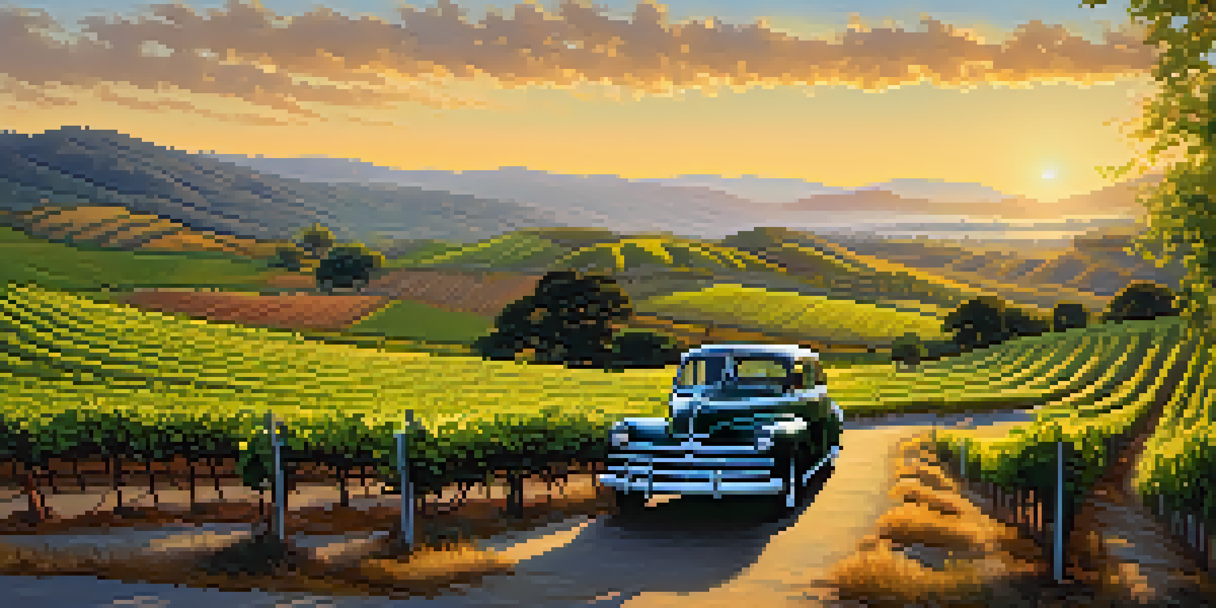 A scenic highway through a vineyard with green grapevines and a vintage car under a sunset.