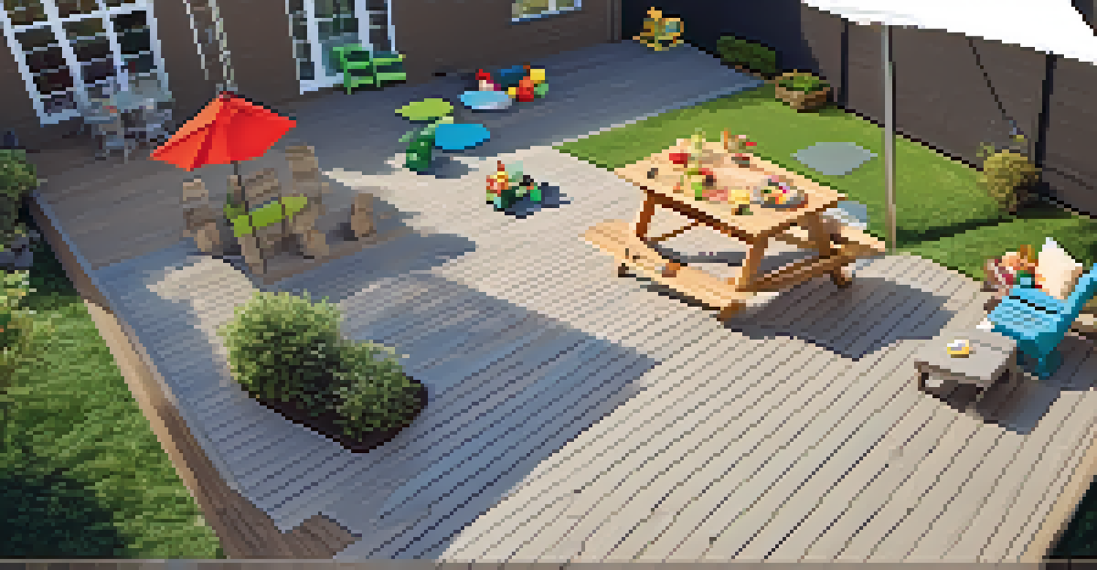 A backyard with composite decking, featuring a play area with toys and a picnic table under a clear blue sky.