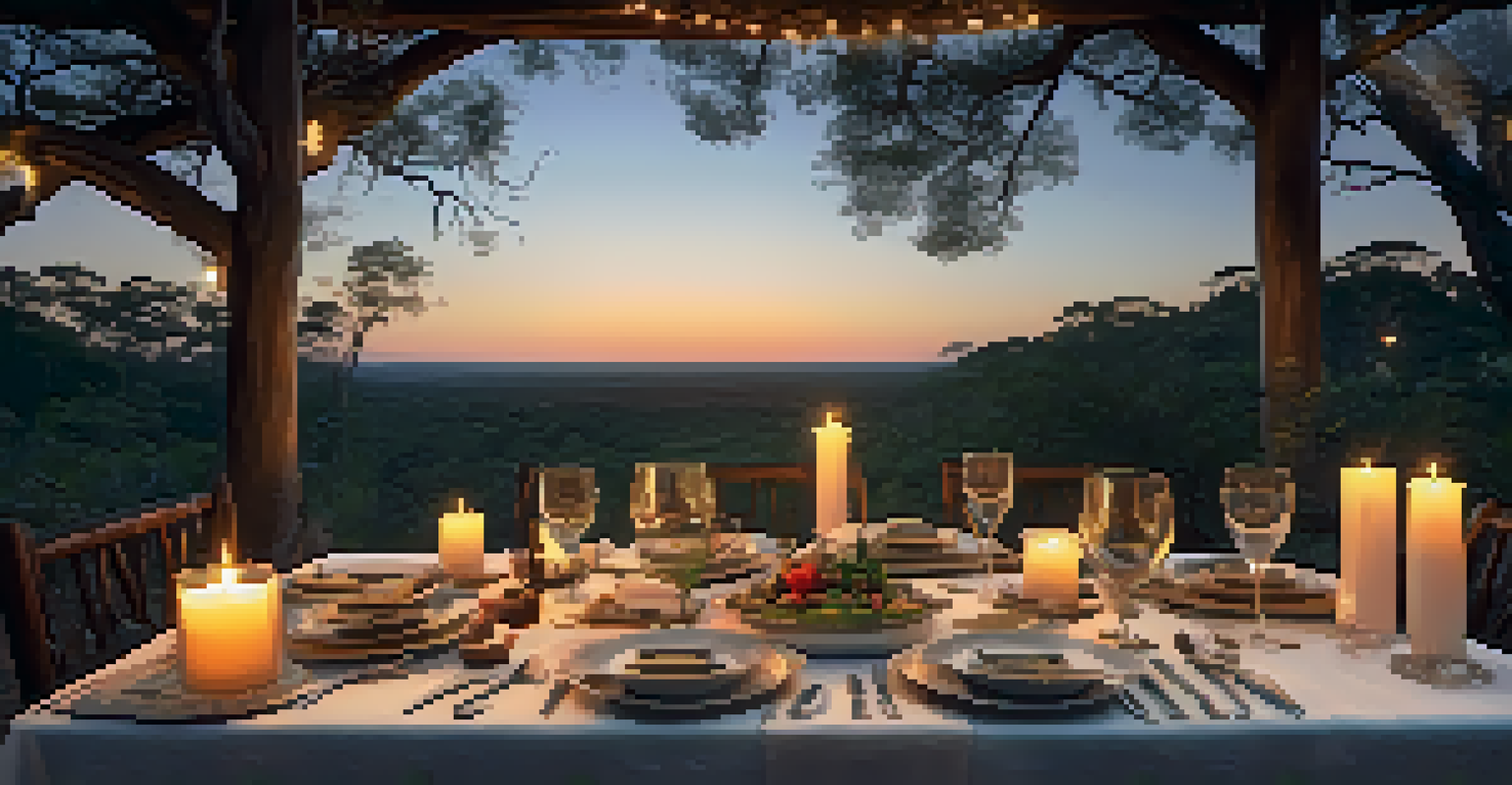A luxurious dining table set up in the African bush, complete with gourmet dishes and candles, surrounded by nature.