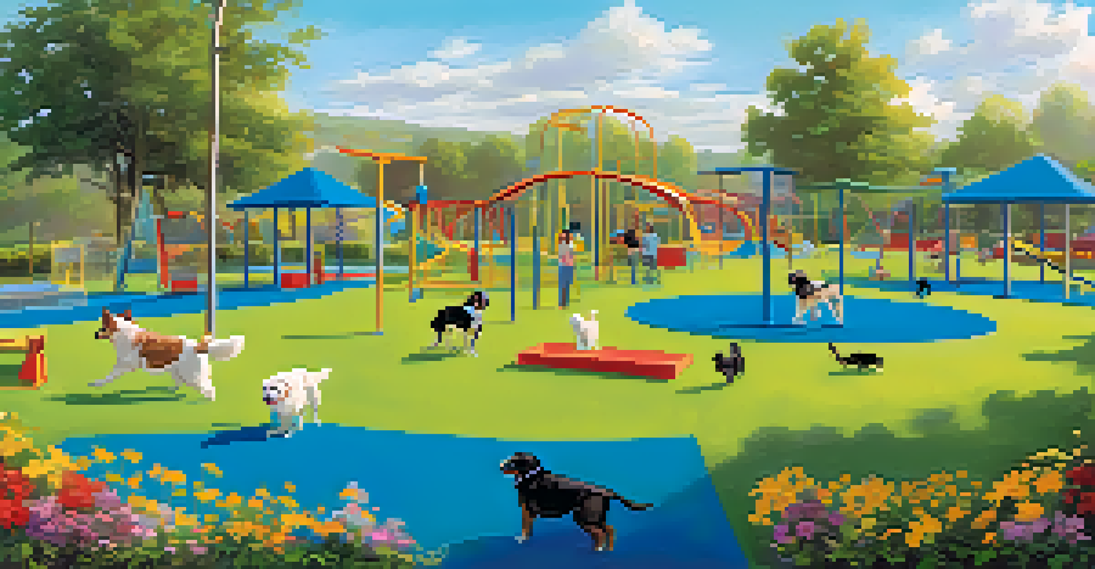 Dogs playing in a spacious outdoor play area at a luxury pet resort, surrounded by agility equipment and colorful flowers.