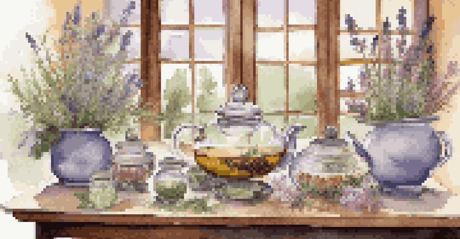 An herbal tea station with colorful infusions in glass teapots, surrounded by calming lavender sprigs and soft fabrics for a cozy spa atmosphere.