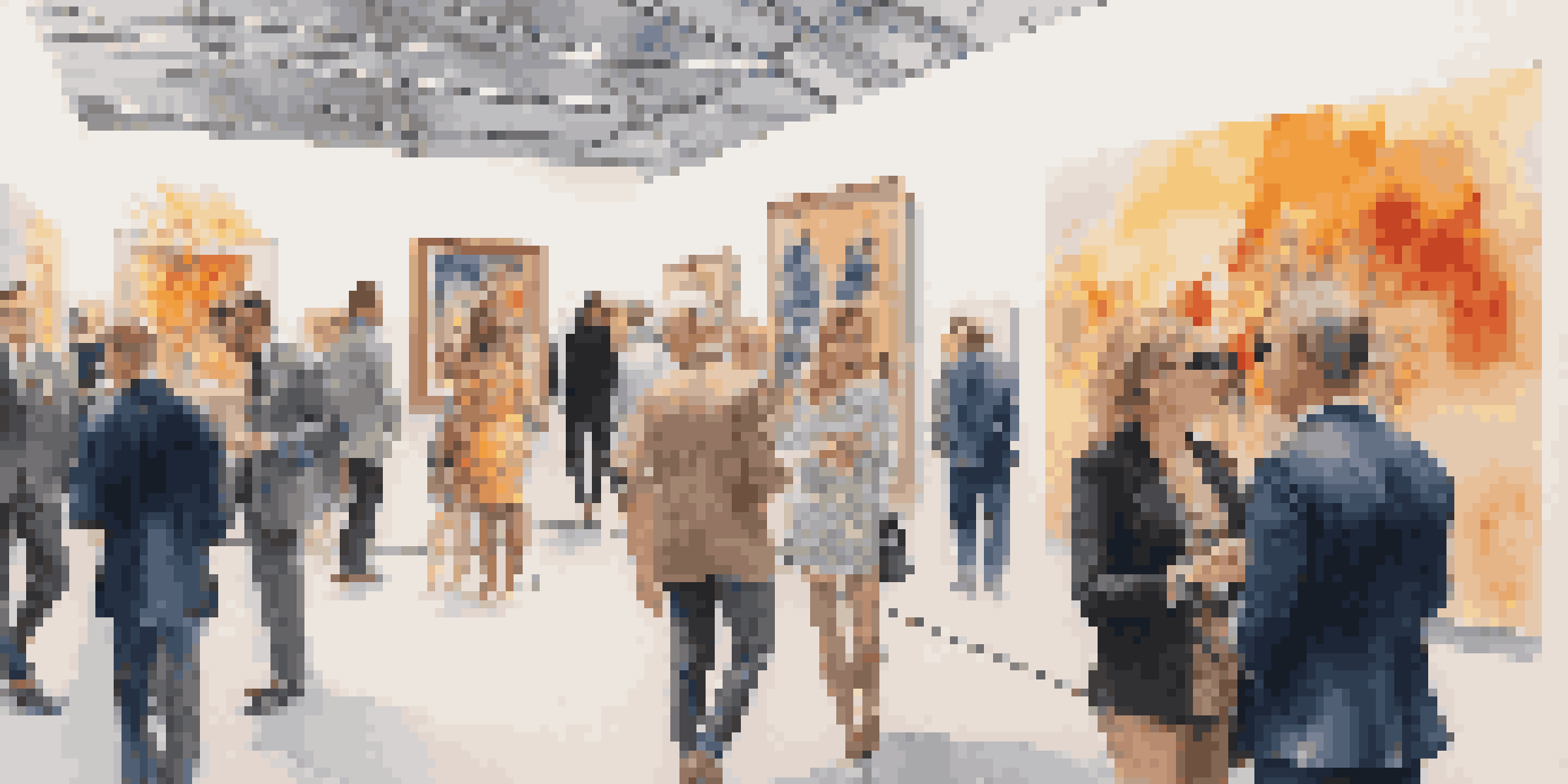 A bustling luxury art fair with diverse attendees interacting with contemporary artworks and high-tech displays.