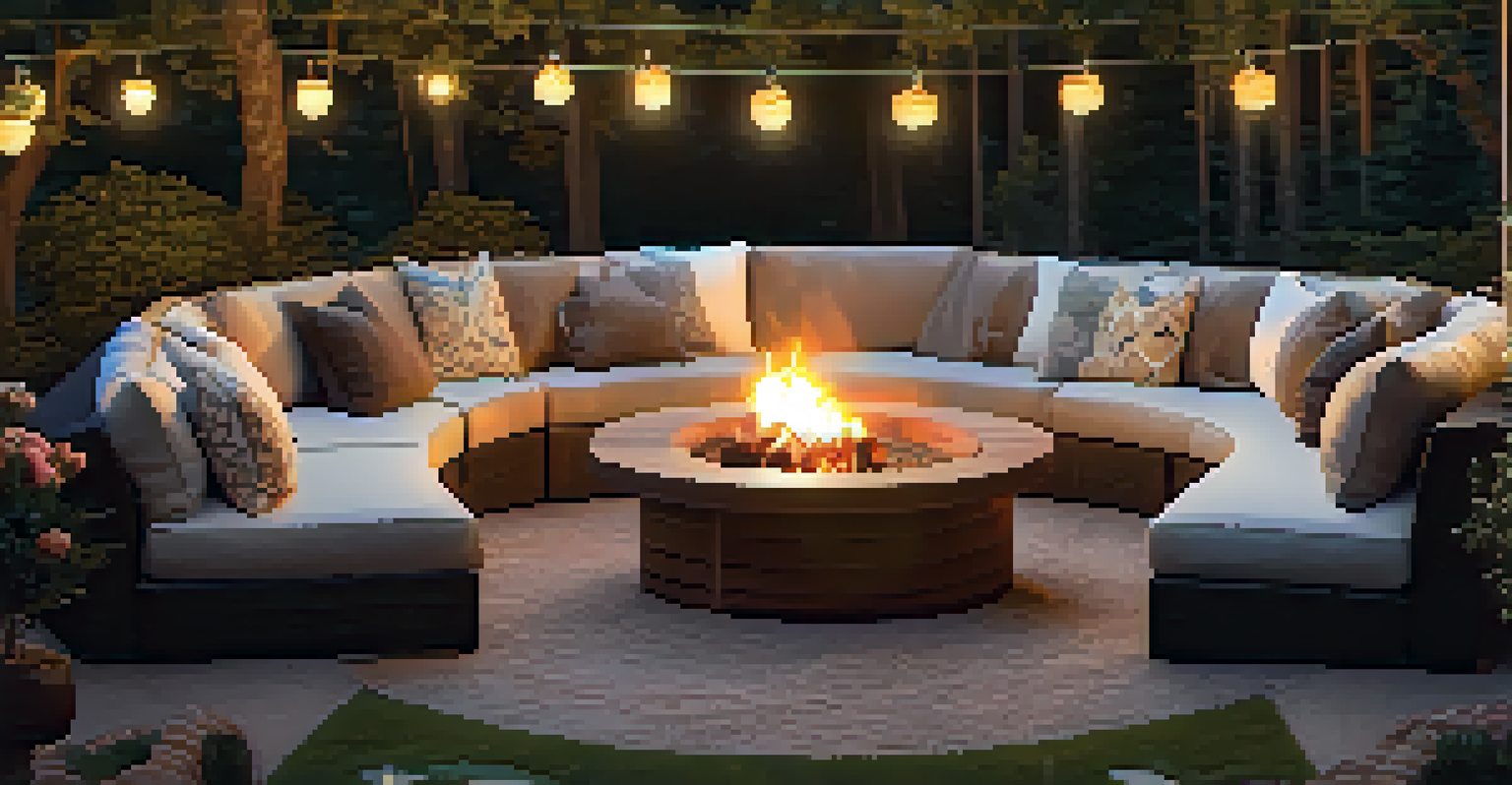 An outdoor gathering with a fire pit, circular seating, and warm ambient lighting from lanterns amidst trees and flowers.