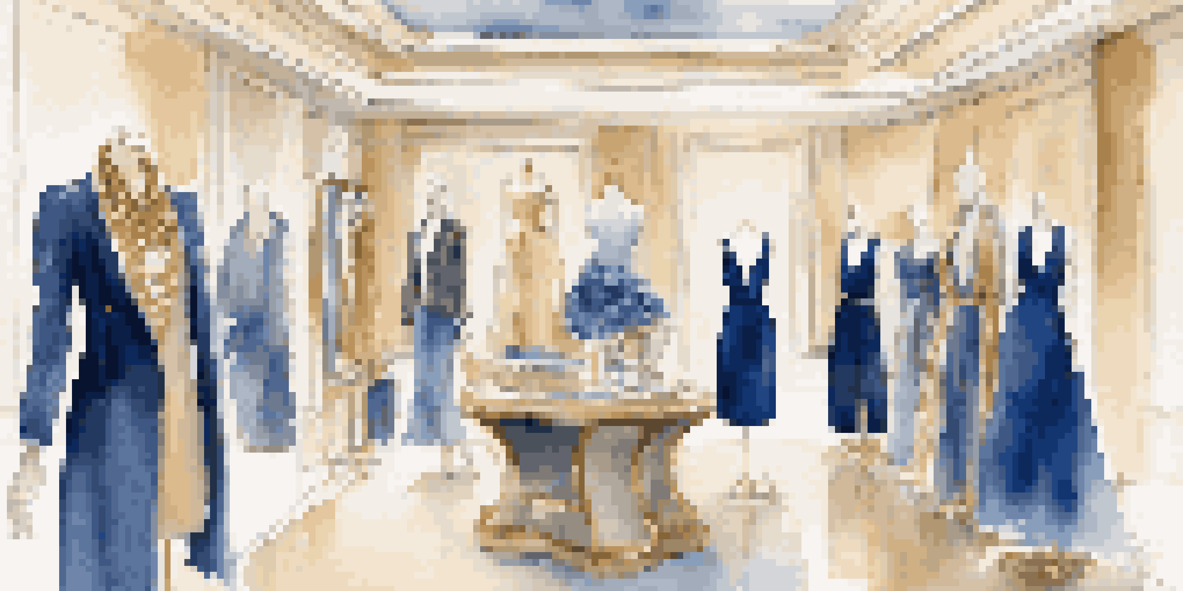 A sophisticated fashion rental boutique filled with designer garments and plush mannequins under warm lighting.