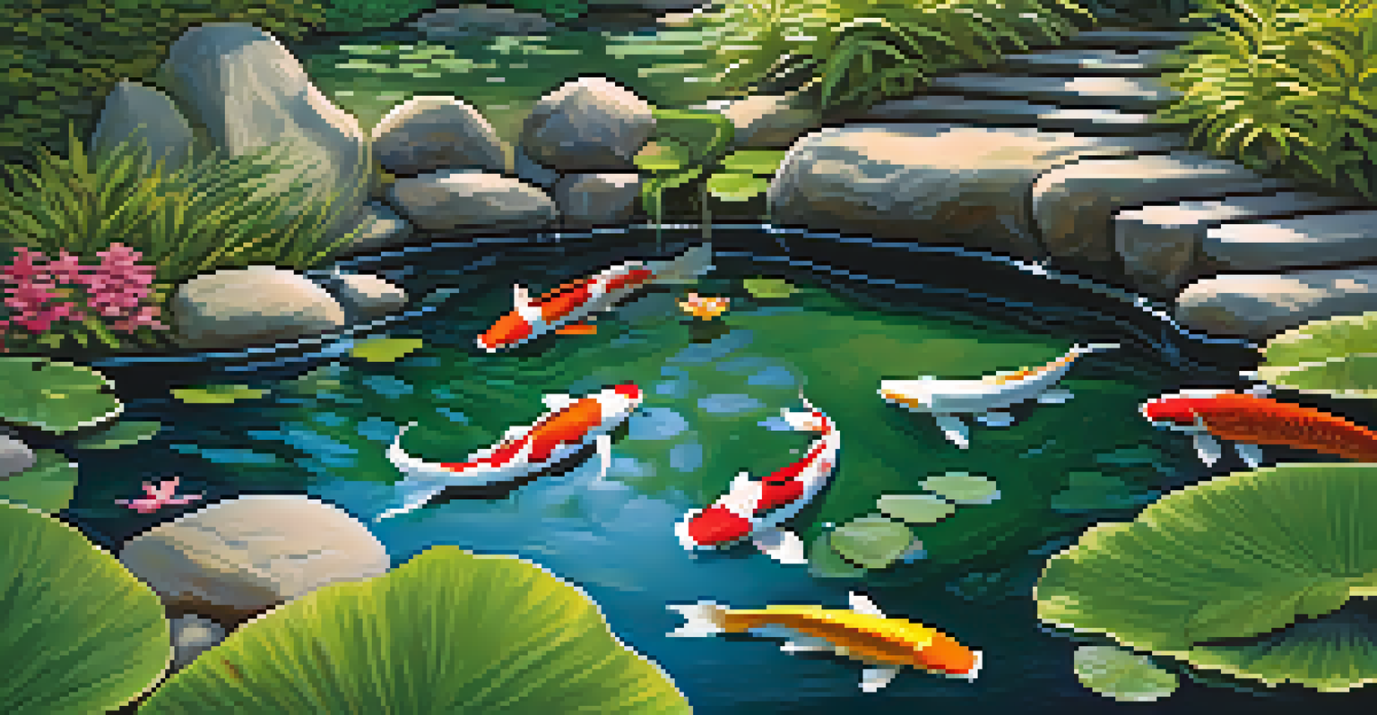 A beautiful koi pond in a luxury garden, with colorful koi fish, surrounded by stones and greenery, illuminated by sunlight.