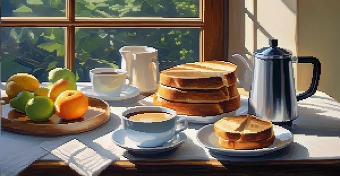 A peaceful breakfast scene with artisanal bread, fresh fruit, and a French press coffee maker on a wooden table illuminated by soft morning light.