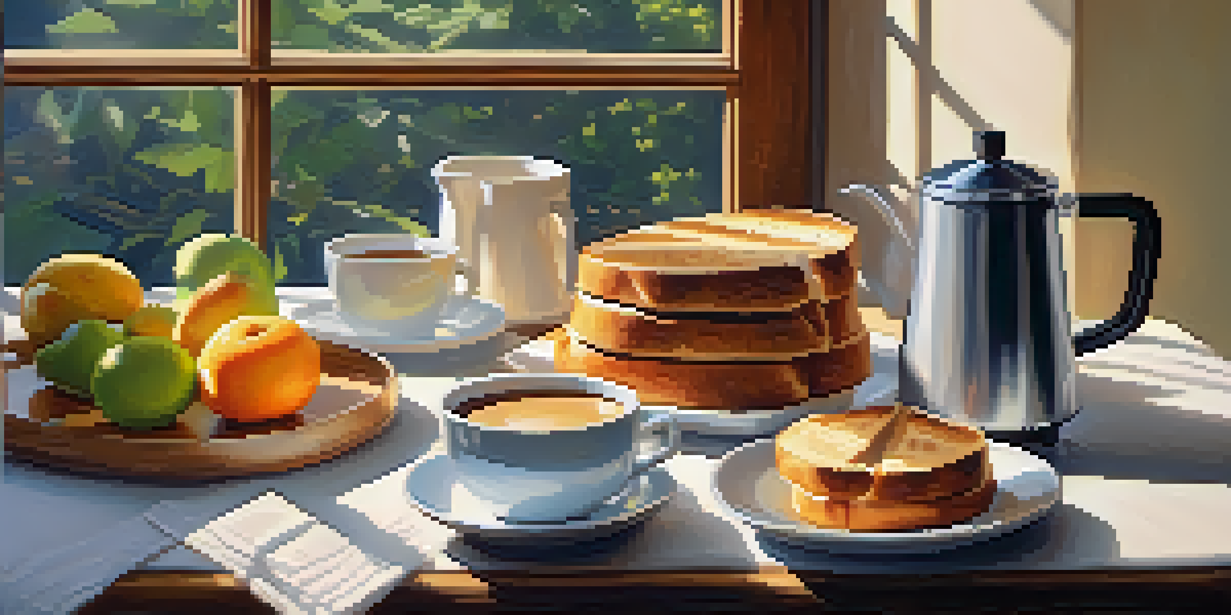 A peaceful breakfast scene with artisanal bread, fresh fruit, and a French press coffee maker on a wooden table illuminated by soft morning light.