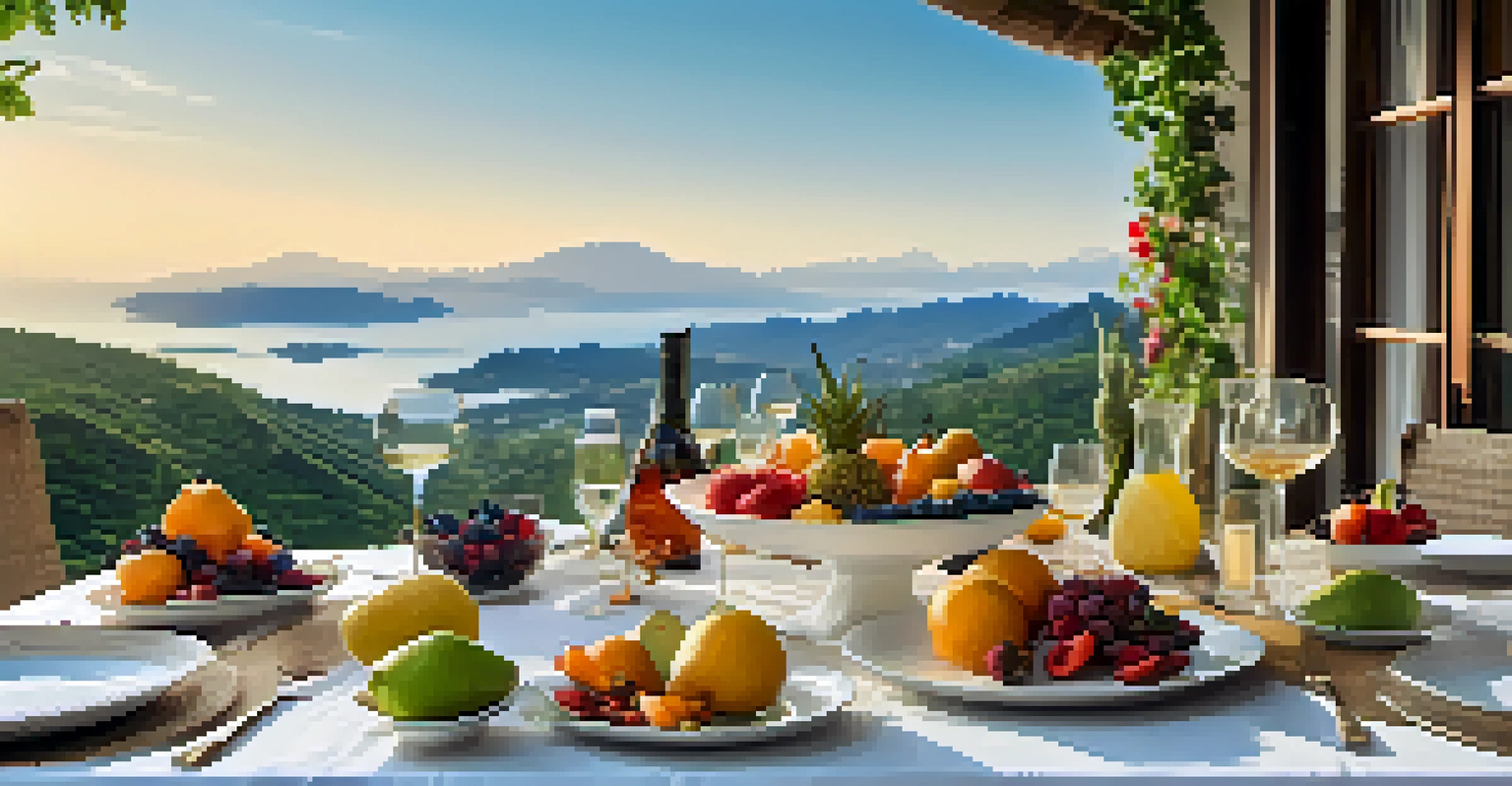 A dining table set with organic dishes at a luxury eco-resort with a mountain view.