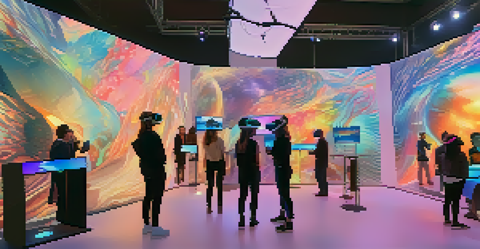 Attendees at an art fair using virtual reality headsets to engage with digital art in a high-tech environment.
