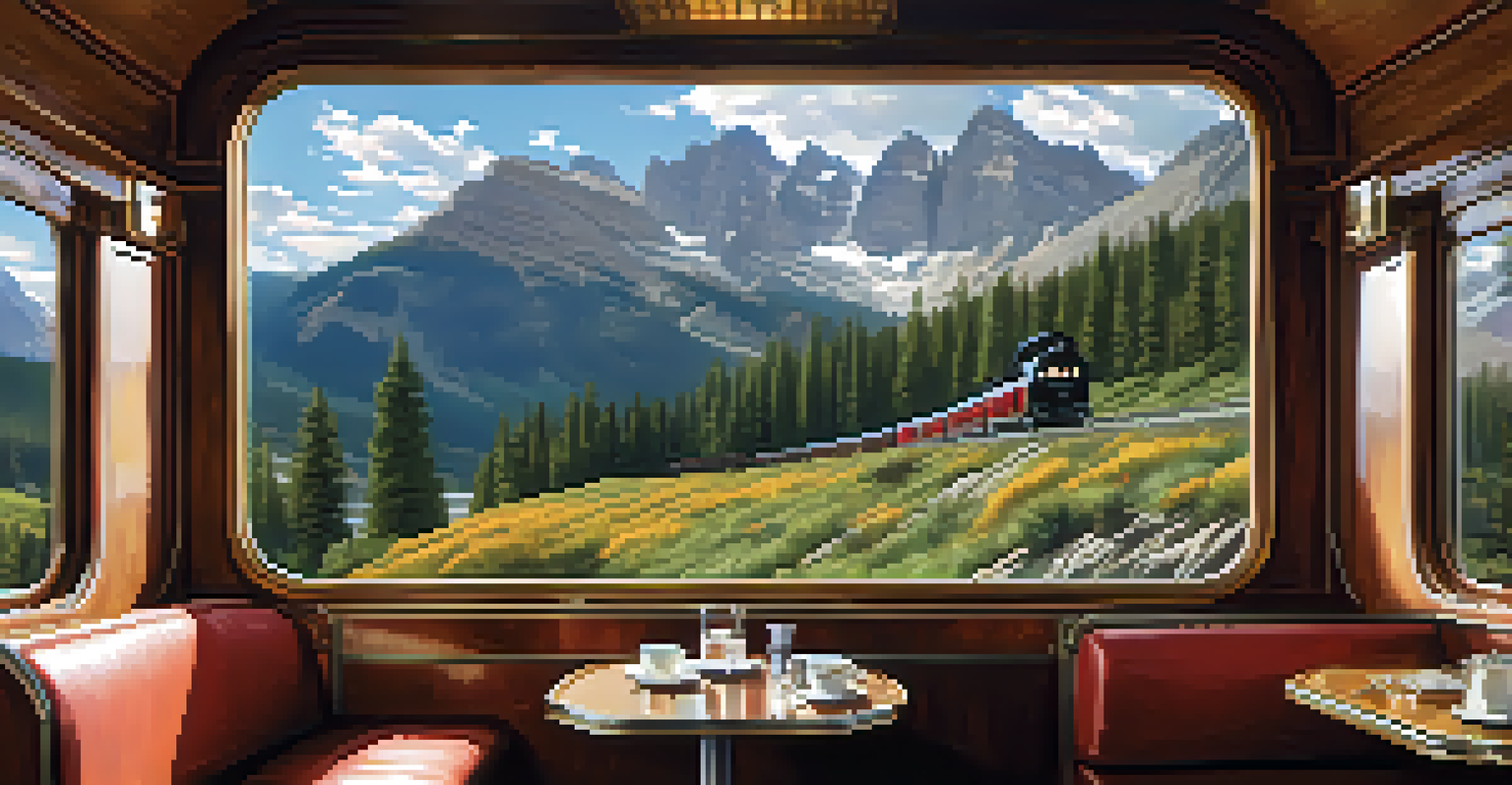 Passengers relaxing in an observation car of a luxury train, with stunning views of the Rocky Mountains visible outside.