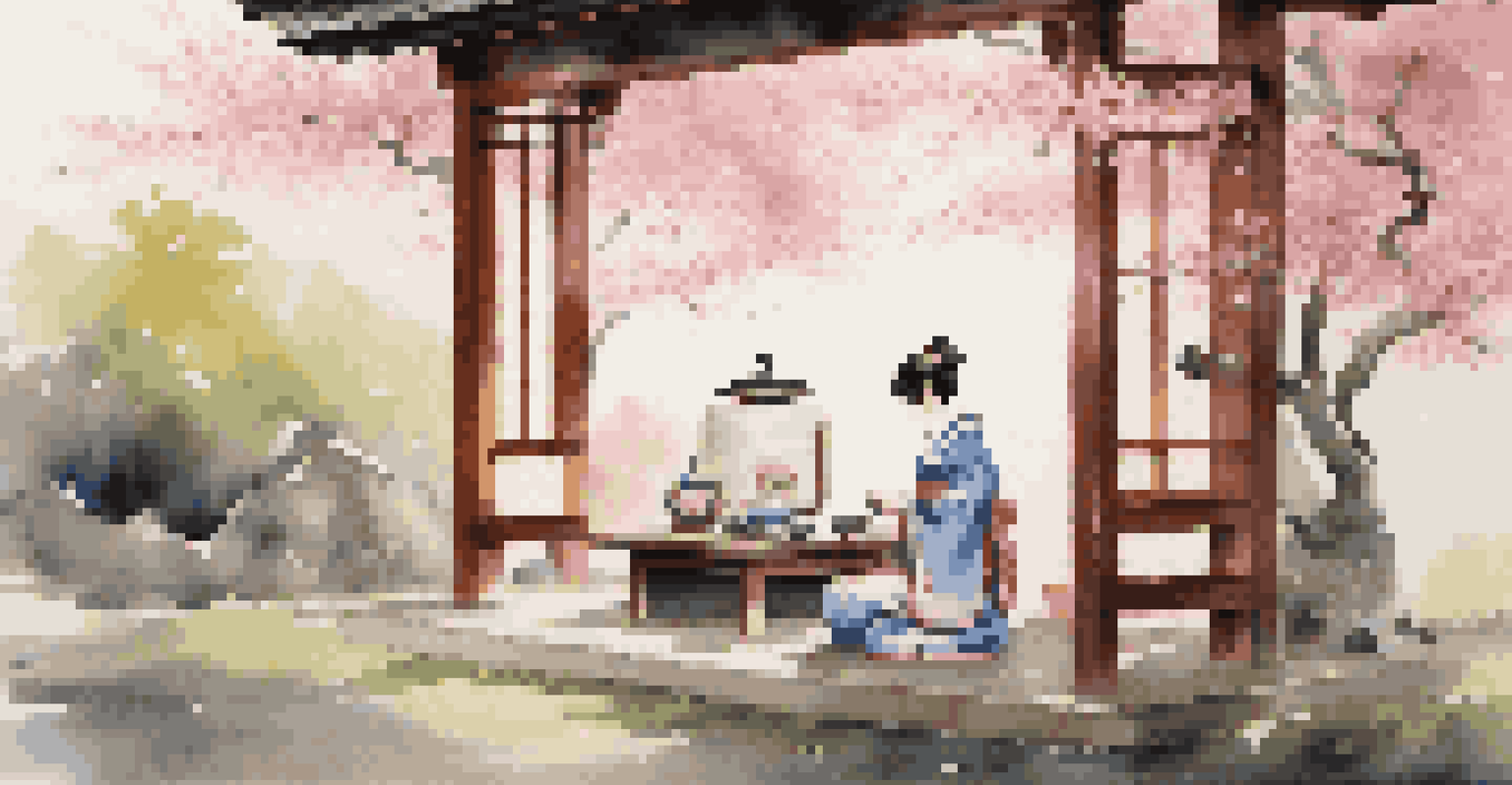 A traditional Japanese tea ceremony in a garden, featuring a woman in a kimono pouring tea surrounded by cherry blossoms.