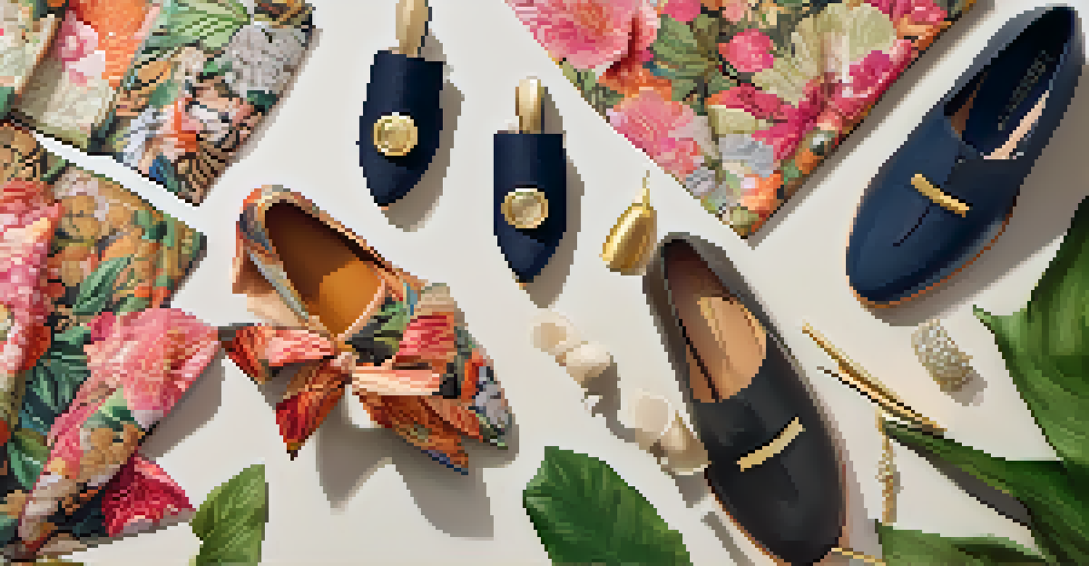 A flat lay display of luxury fashion items, including a kimono and eco-friendly shoes, highlighting culture and sustainability.