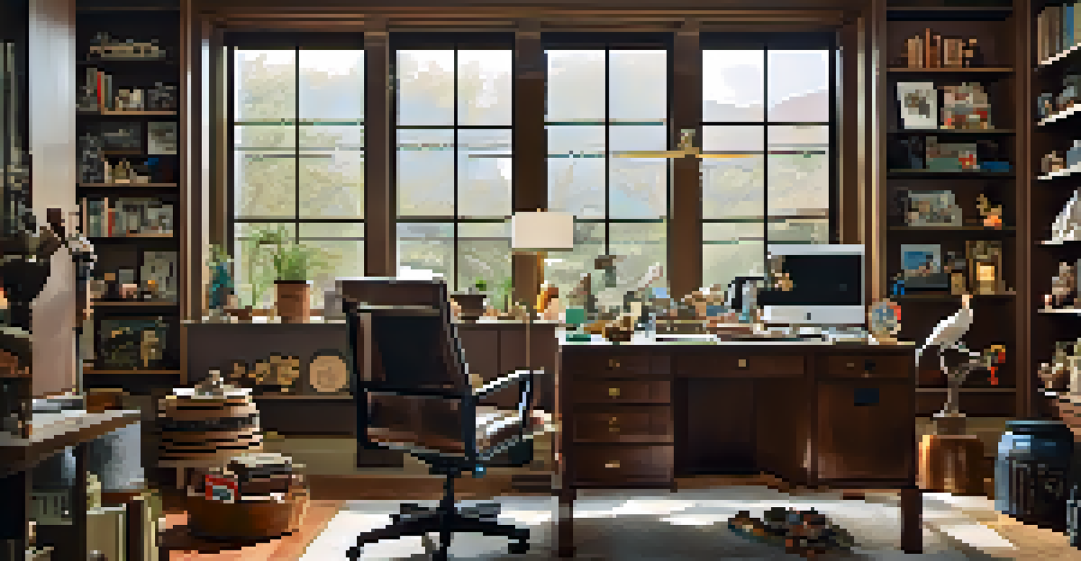 A cozy home office with a collection of collectibles, showcasing vintage toys and art in a warm, inviting setting.