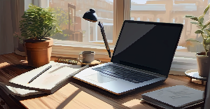 A cozy workspace with a laptop, a potted plant, and an open notebook, illuminated by soft natural light.
