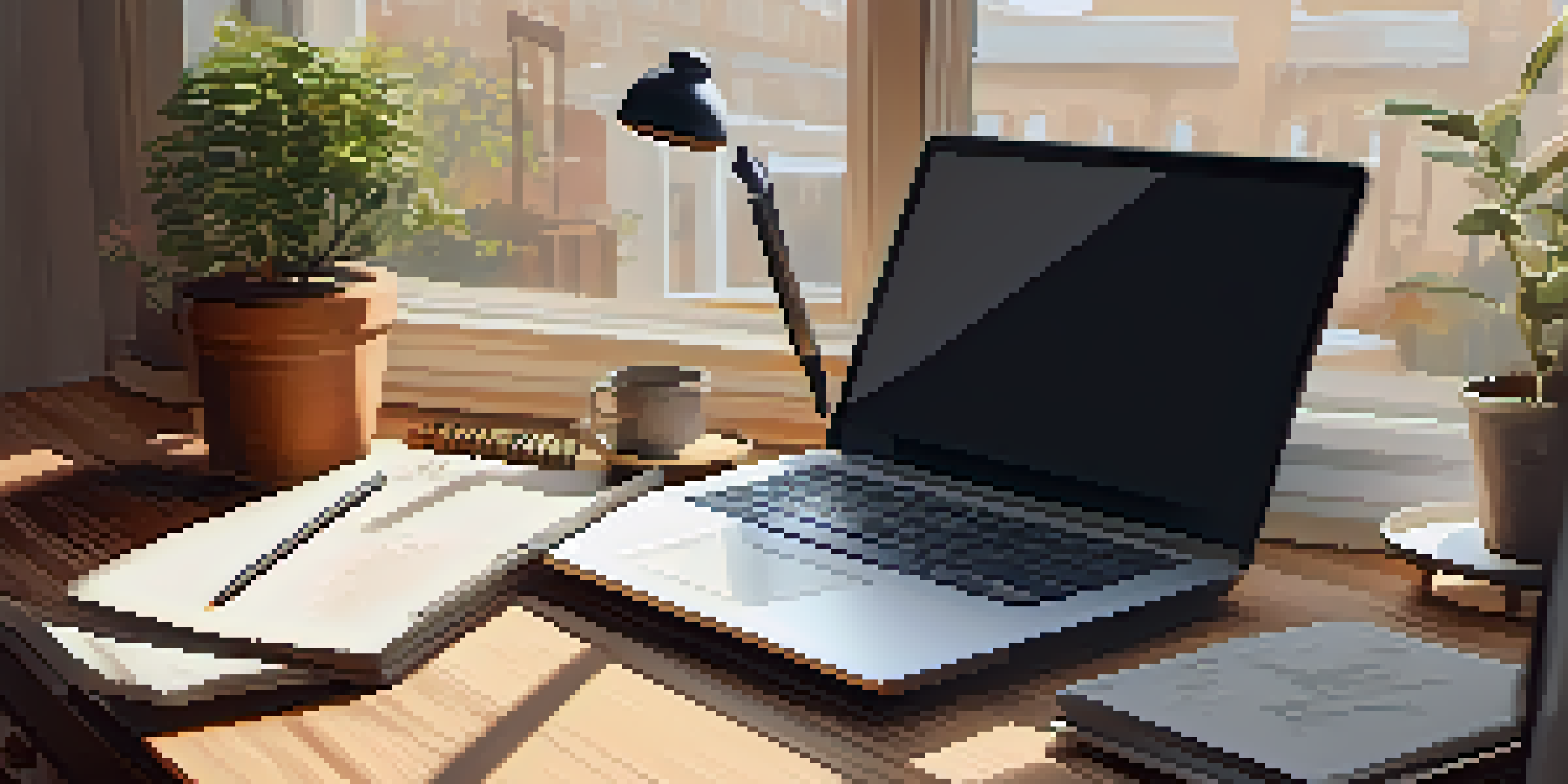 A cozy workspace with a laptop, a potted plant, and an open notebook, illuminated by soft natural light.