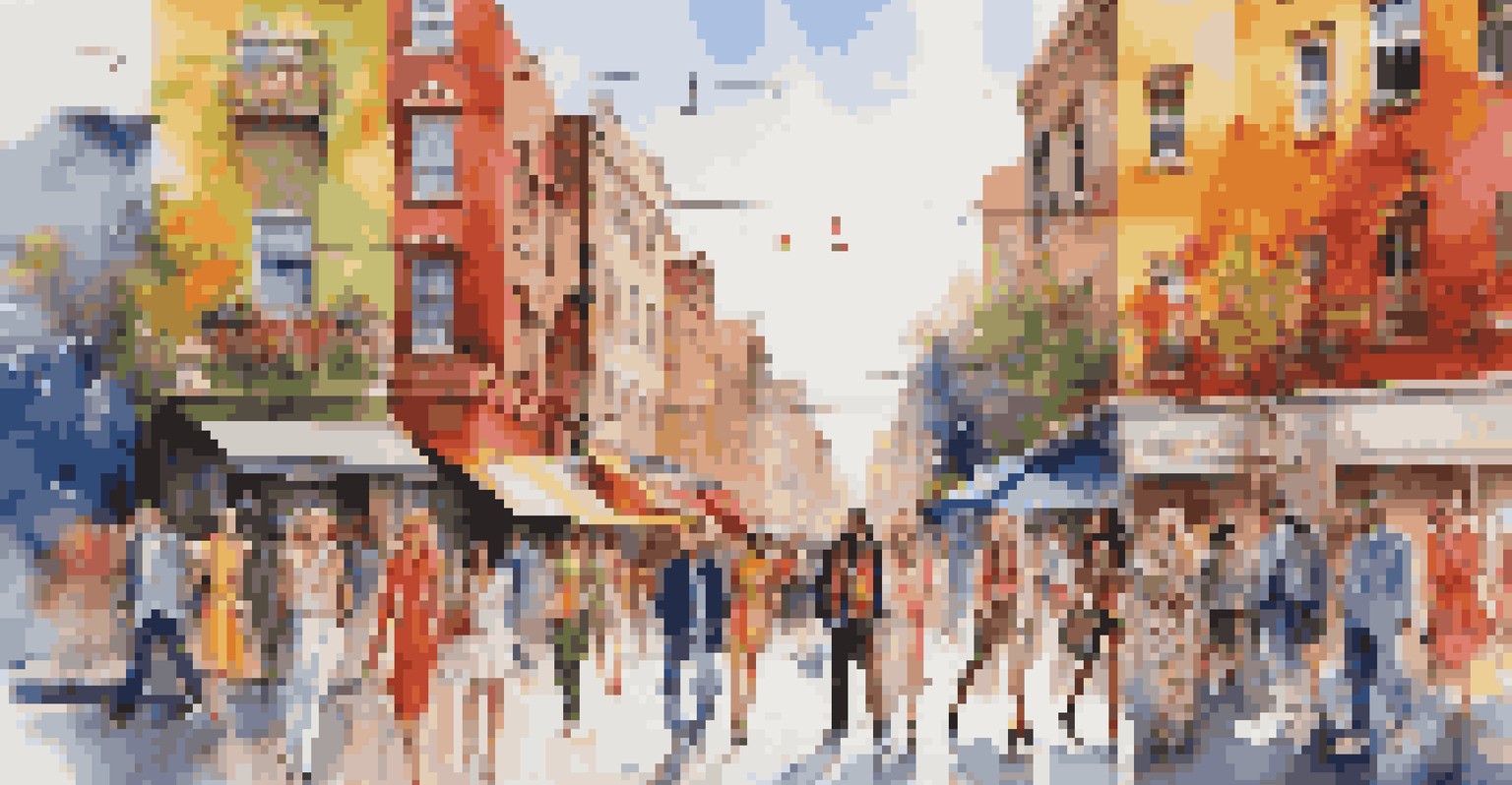 A lively urban street scene with fashion enthusiasts wearing trendy outfits, surrounded by colorful murals and shops.