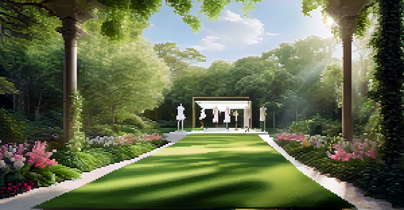 A fashion runway in a green outdoor setting with models wearing garments made from innovative and sustainable materials.