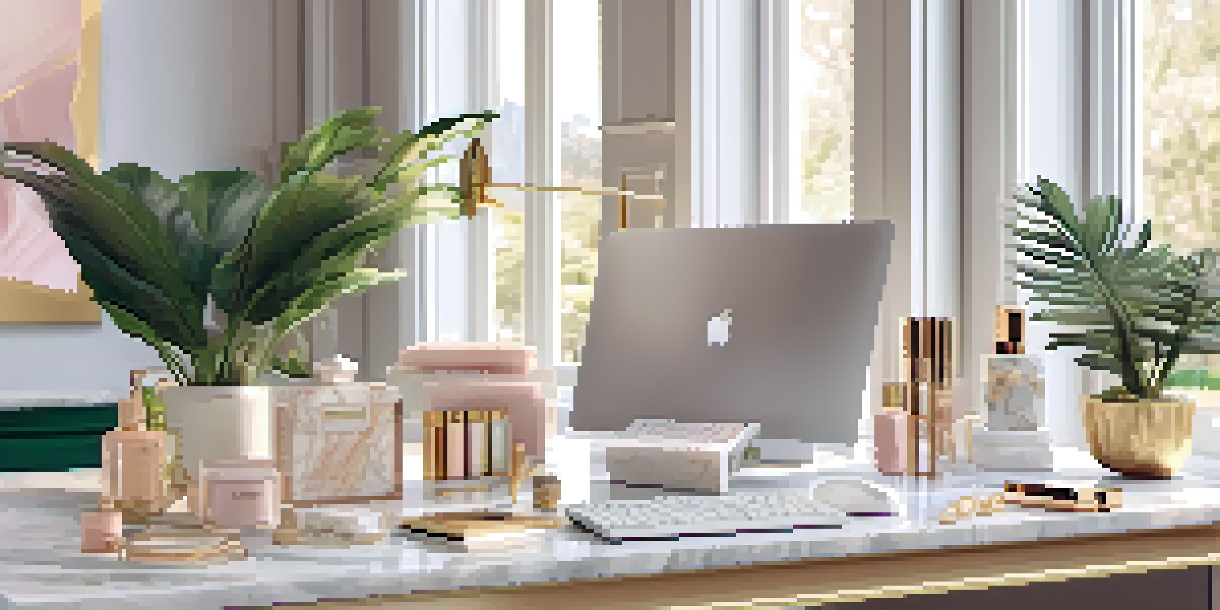 An elegant workspace showcasing luxury beauty products and stylish decor, illuminated by natural light.