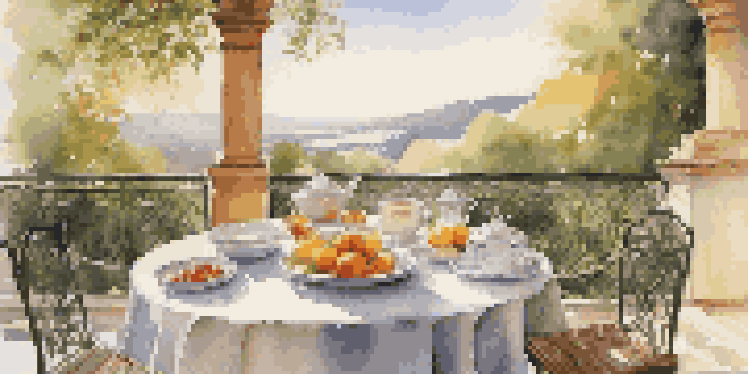 A luxurious breakfast table set on a terrace with elegant tableware and fresh fruits, bathed in soft sunlight.